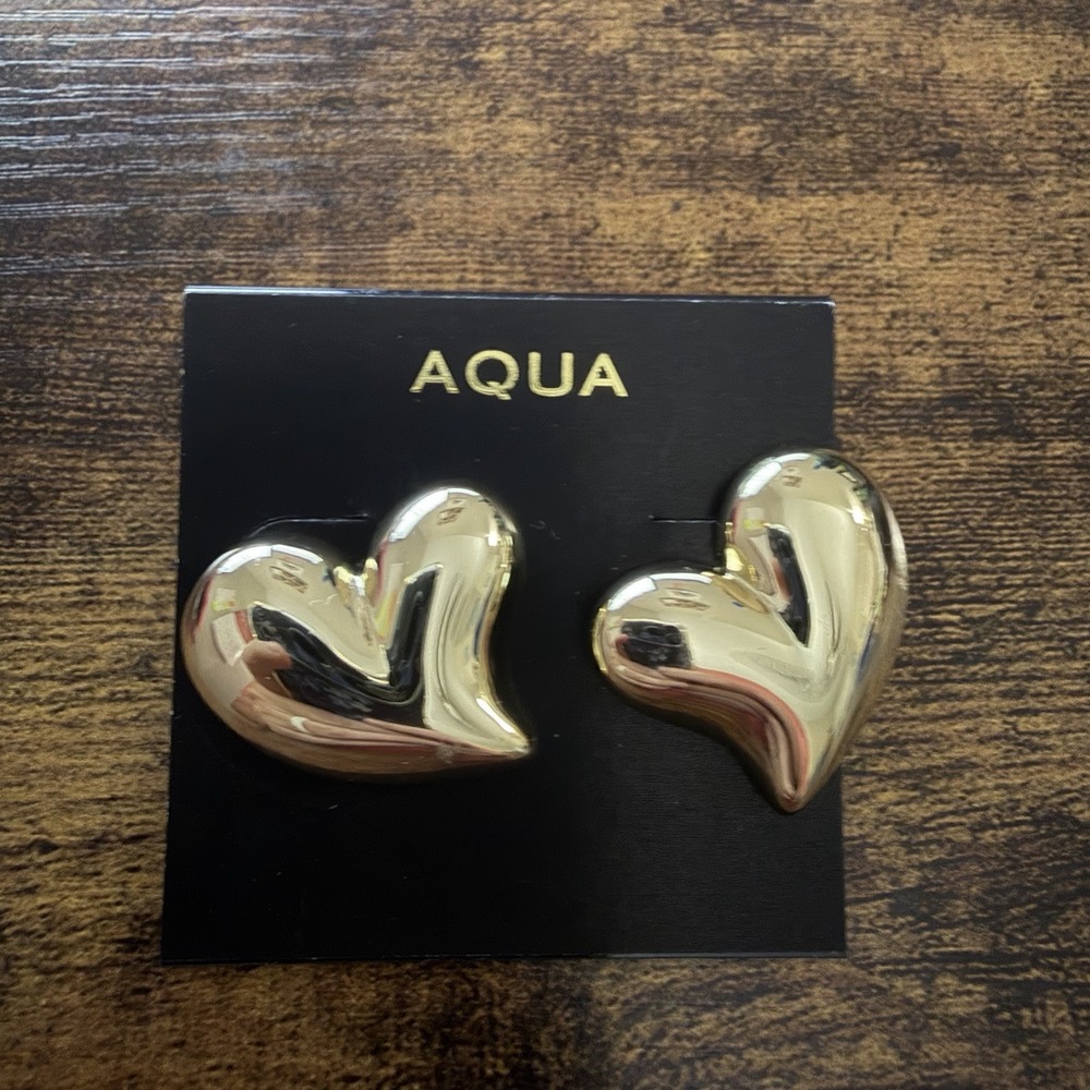 Aqua Heart Shaped Stud Earrings Gold Tone